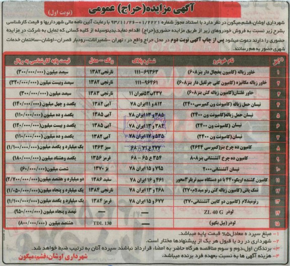 آگهی مزایده حراج عمومی, مزایده فروش خودرو