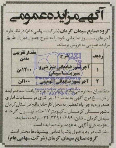 آگهی مزایده عمومی,مزایده فروش آجرهای نسوز ضایعاتی  
