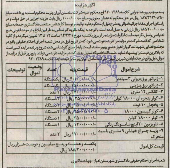 مزایده , مزایده ژنراتور برق دیزلی 3 سیلندر