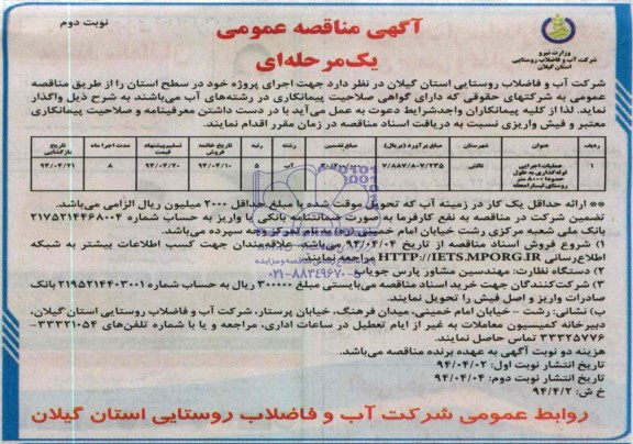 آگهی مناقصه عمومی یک مرحله ای , مناقصه عملیات اجرایی لوله گذاری به طول حدودا 8000 متر روستای....