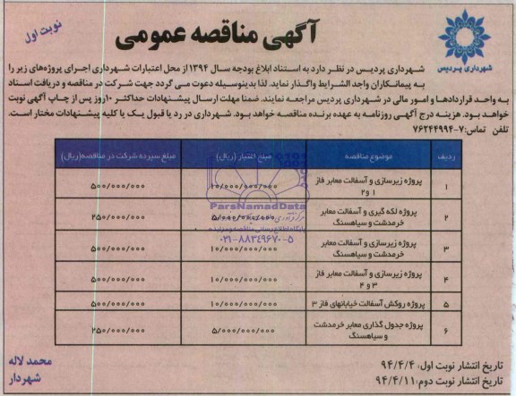آگهی مناقصه عمومی,مناقصه پروژه زیرسازی و آسفالت معابر 