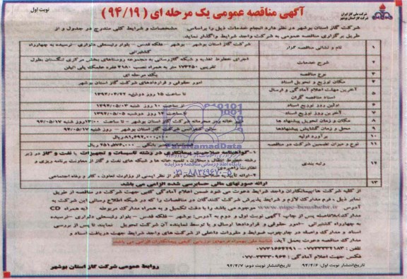 آگهی مناقصه عمومی یک مرحله ای, مناقصه اجرای خطوط تغذیه و شبکه گازرسازی