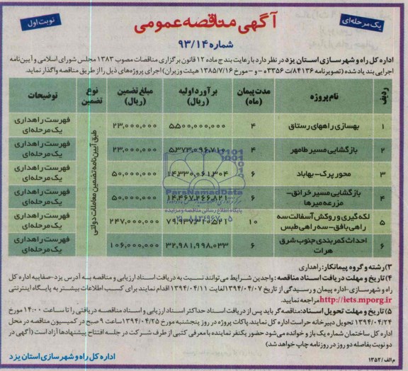آگهی مناقصه عمومی یک مرحله ای, مناقصه  بهسازی راههای رستاق و ...