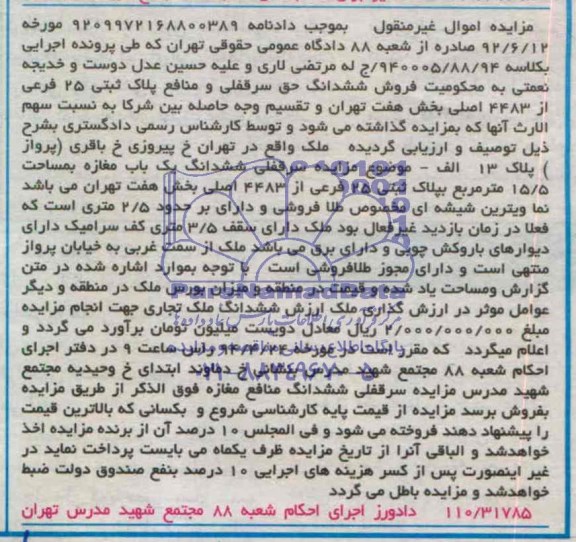 مزایده,حق سرقفلی و منافع پلاک ثبتی