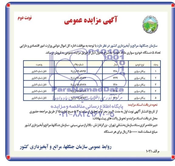 مزایده تعداد 5دستگاه خودرو سواری