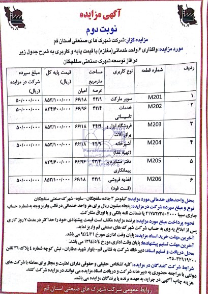 آگهی مزایده , مزایده واگذاری 6 واحد خدماتی