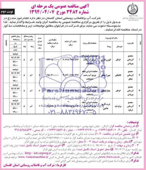 آگهی مناقصه عمومی یک مرحله ای , مناقصه عملیات اجرایی شبکه توزیع آب و نصب انشعابات