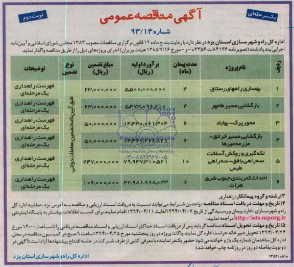 آگهی مناقصه عمومی یک مرحله ای, مناقصه  بهسازی راههای رستاق و ...
