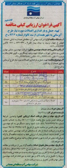 آگهی فراخوان ارزیابی کیفی مناقصه, مناقصه تهیه، حمل و بار اندازی اتصالات مورد نیاز طرح آبرسانی 