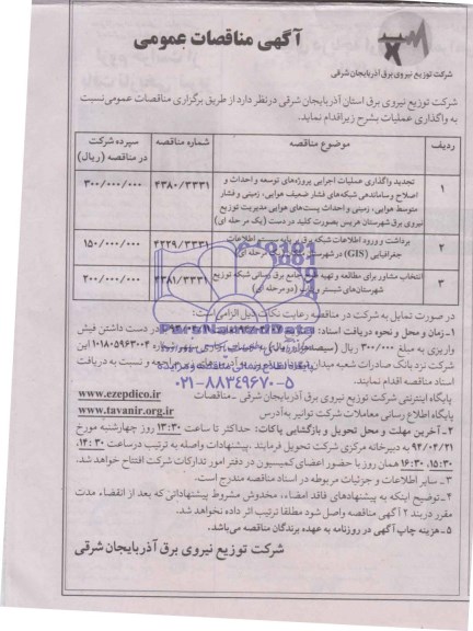 مناقصات , مناقصات تجدید واگذاری عملیات اجرایی پروژه های توسعه و احداث و اصلاح و ساماندهی شبکه های فشار ضعیف هوایی 