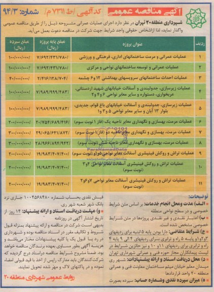 آگهی مناقصه عمومی , مناقصه عملیات عمرانی و مرمت ساخمانهای اداری ، فرهنگی و ورزشی و ...