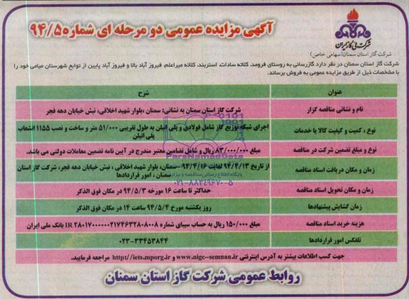 مناقصه عمومی,مناقصه  اجرای شبکه توزیع گاز شامل فولادی و 