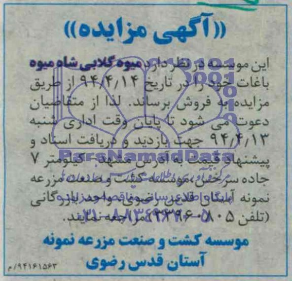 آگهی مزایده , مزایده فروش میوه گلابی شاه میوه باغات