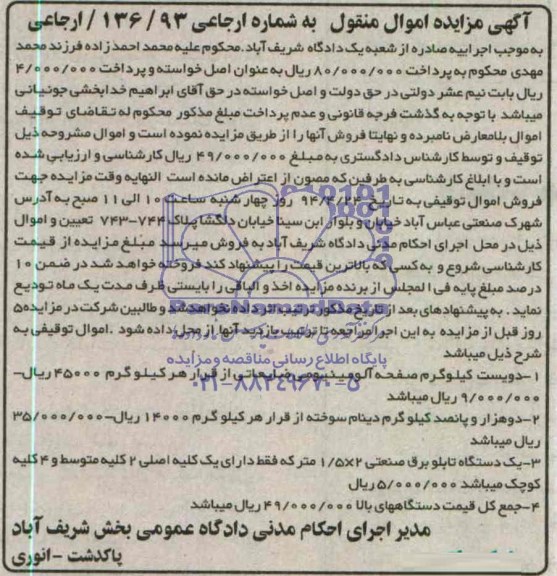 آگهی مزایده, مزایده فروش دویست کیلوگرم صفحه آلومینیومی ضایعاتی