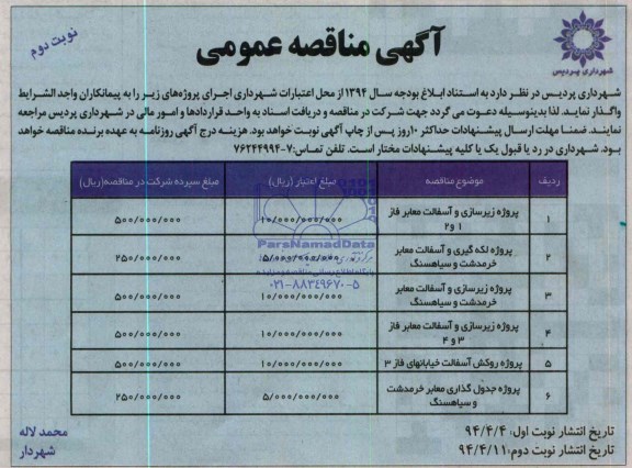 آگهی مناقصه عمومی , مناقصه پروژه زیرسازی و آسفالت معابر ...