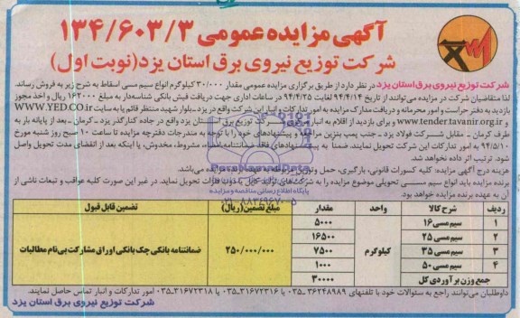 مزایده عمومی, مزایده انواع سیم مسی اسقاط