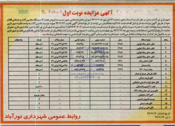 آگهی مزایده , مزایده فروش 7 دستگاه ماشین آلات و تعدادی اقلام