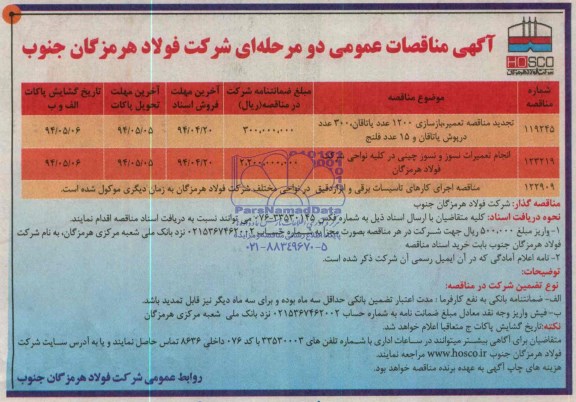 آگهی مناقصه عمومی دو مرحله ای, مناقصه تعمیر ، بازسازی 1200 عدد یاتاقان