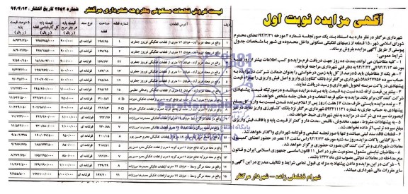 مزایده,پانزده قطعه از زمینهای تفکیکی مسکونی