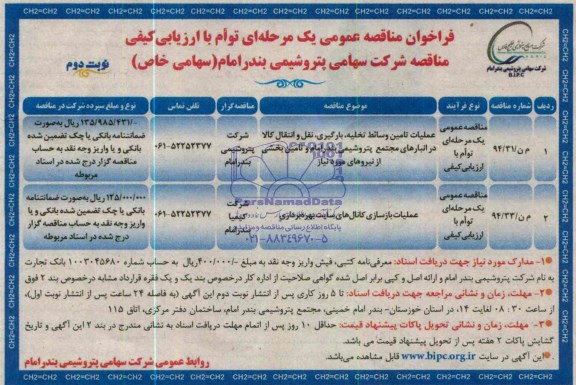 مناقصه عمومی یک مرحله ای , مناقصه عمومی یک مرحله ای عملیات تامین وسائط تخلیه ، بارگیری ، نقل و انتقال کالا در انبارهای مجتمع پتروشیمی