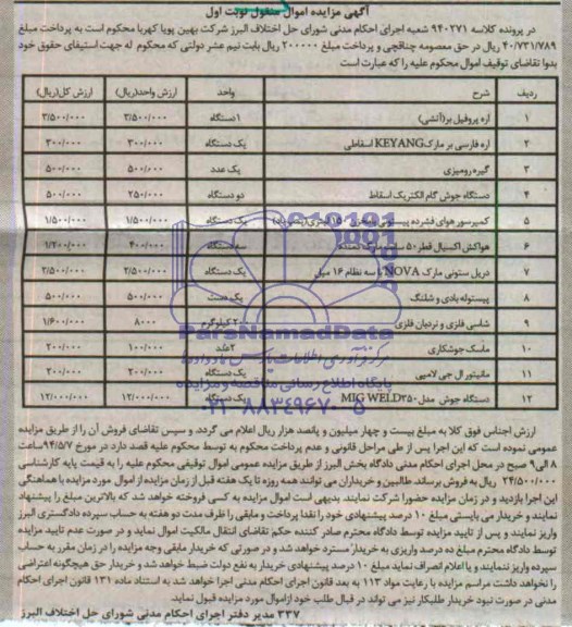 مزایده , مزایده اره پروفیل بر (آتشی )
