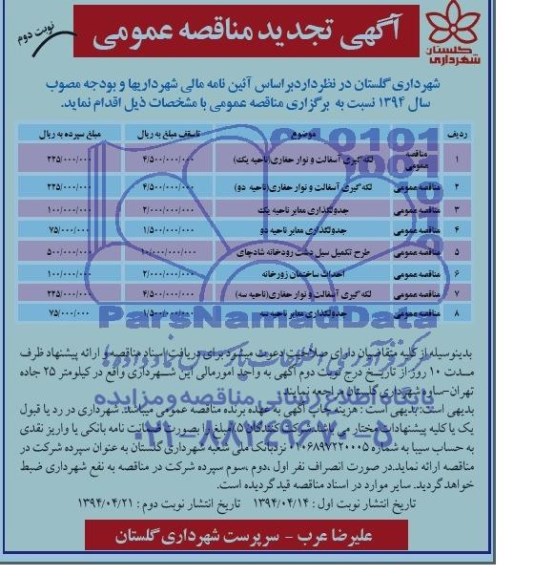 آگهی تجدید مناقصه عمومی, تجدید مناقصه لکه گیری آسفالت و نوار حفاری 