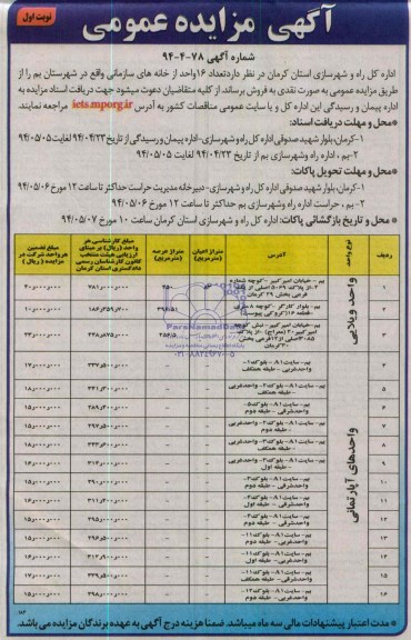 مزایده,تعداد 16 واحد از خانه های سازمانی