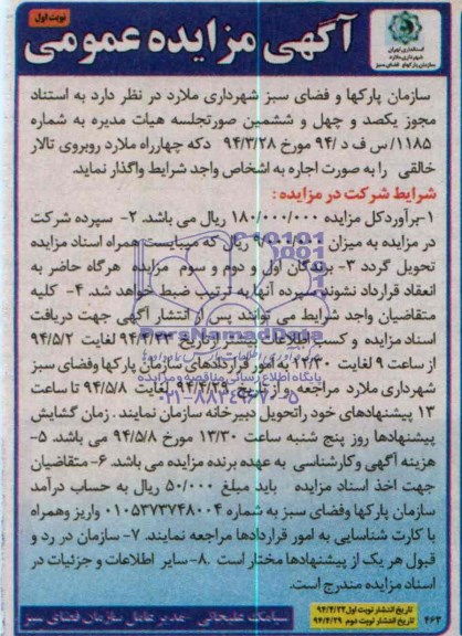 مزایده عمومی, مزایده واگذاری دکه چهار راه ملارد 