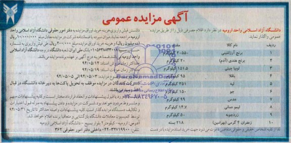 آگهی مزایده عمومی, مزایده برنج آرژانتینی  