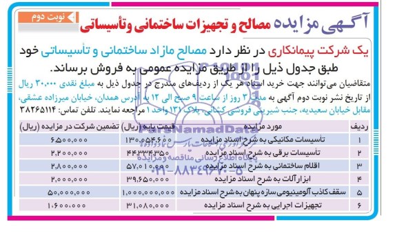 آگهی مزایده , مزایده مصالح و تجهیزات ساختمانی و تاسیساتی