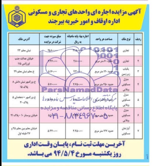 آگهی مزایده , مزایده اجاره ای واحدهای تجاری و مسکونی
