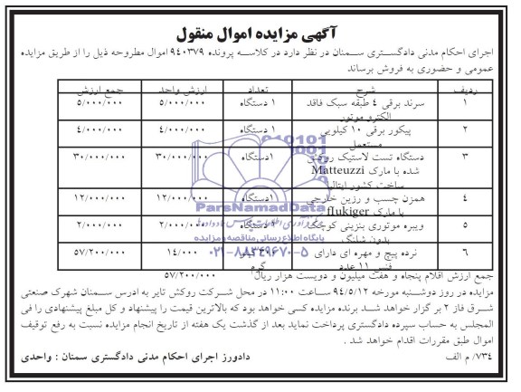 آگهی مزایده , مزایده فروش سرند برقی و ...