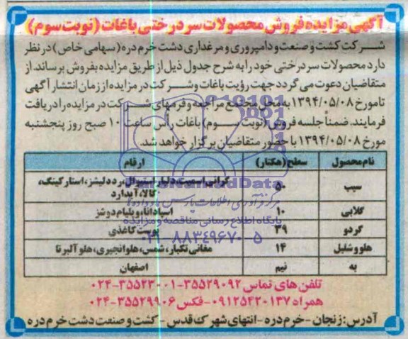 مزایده  , مزایده  فروش محصولات سردرختی باغات