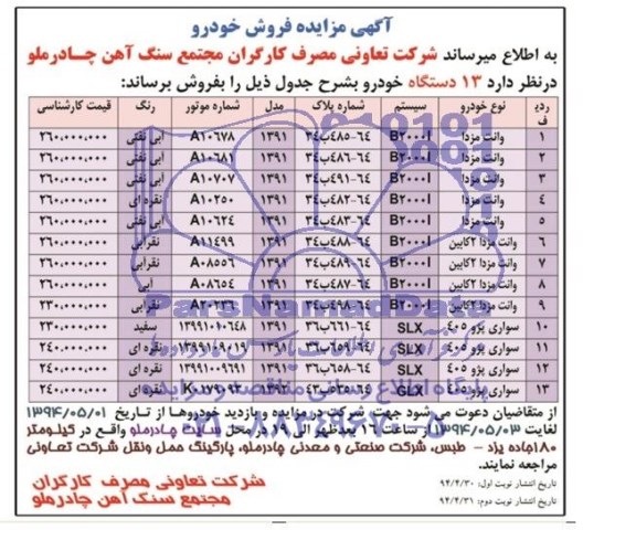 آگهی مزایده, مزایده فروش 13 دستگاه خودرو  