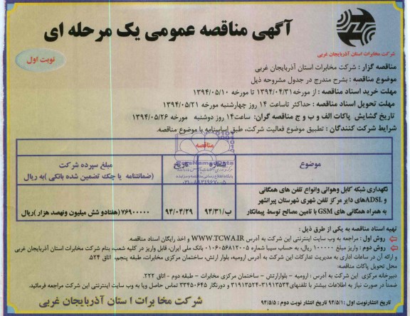 آگهی مناقصه عمومی یک مرحله ای , مناقصه  نگهداری شبکه کابل و هوایی