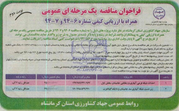 فراخوان مناقصه یک مرحله ای, مناقصه احداث شبکه فرعی آبیاری و زهکشی