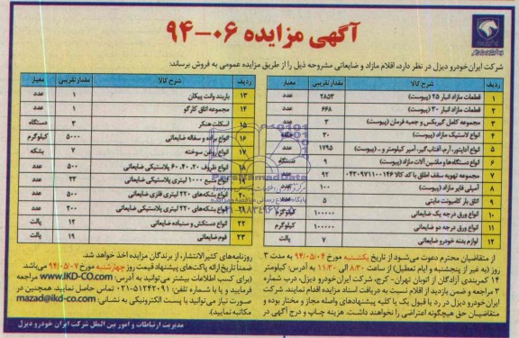 مزایده , مزایده اقلام مازاد و ضایعاتی