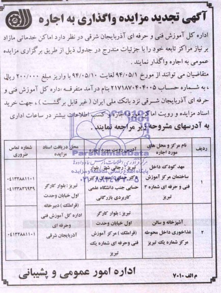 تجدید مزایده اماکن خدماتی مازاد بر نیاز مراکز تابعه 