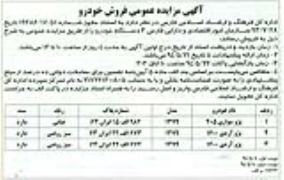 آگهی مزایده عمومی , مزایده فروش خودرو 