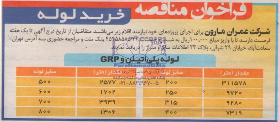 مناقصه لوله پلی اتیلن  و GRP 