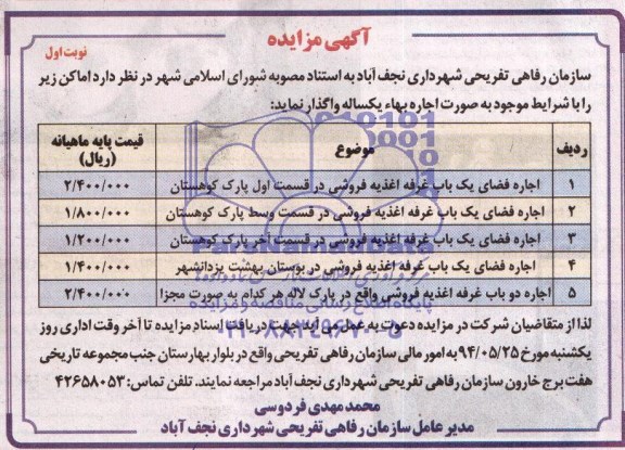 مزایده , مزایده اجاره فضای یک باب غرفه اغذیه فروشی