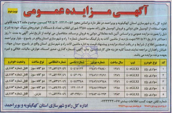 آگهی مزایده عمومی , مزایده  تعداد 5 دستگاه از خودروهای سبک 