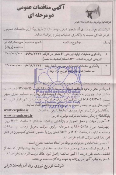 آگهی مناقصات عمومی , مناقصات واگذاری عملیات تولید تیر بتنی H شکل