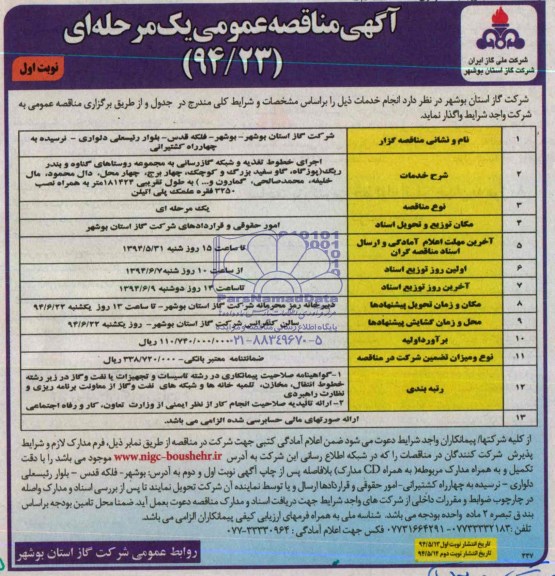 آگهی مناقصه عمومی یک مرحله ای , مناقصه اجرای خطوط تغذیه و شبکه گازرسانی