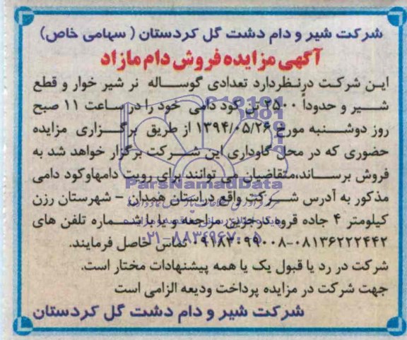 آگهی مزایده,مزایده تعدادی گوساله نرشیرخوار