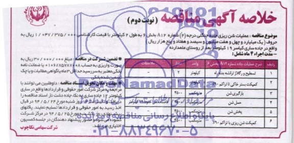 خلاصه آگهی مناقصه, خلاصه مناقصه عملیات شن ریزی جاده جنگلی درجه (2) شماره A12