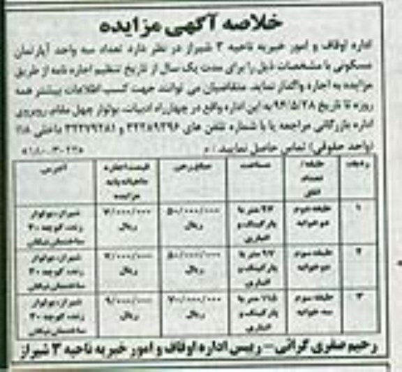 مزایده,واگذاری سه واحد اپارتمان