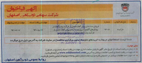 آگهی فراخوان, مزایده فروش 10.000 تن پودر آهک حاصل از فرآیند پخت آهک در بونکرهای آگلومراسیون و 10.000 تن پودر آهک   