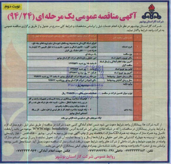 آگهی مناقصه عمومی, مناقصه اجرای شبکه گازرسانی