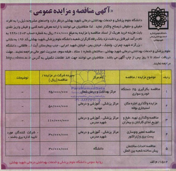 آگهی مناقصه عمومی ,مزایده واگذاری اجاره مکان استیجاری بوفه